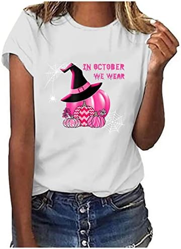 Blusa do pescoço de barco Mulheres de manga curta Chapéu de bruxa de abóbora Férias Halloween Câncer de mama Consciência Tops