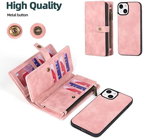 QIXIU Compatível com a caixa da carteira do iPhone 13, capa de carteira magnética de 2 em 1 em 1 com suporte de cartão, zíper,