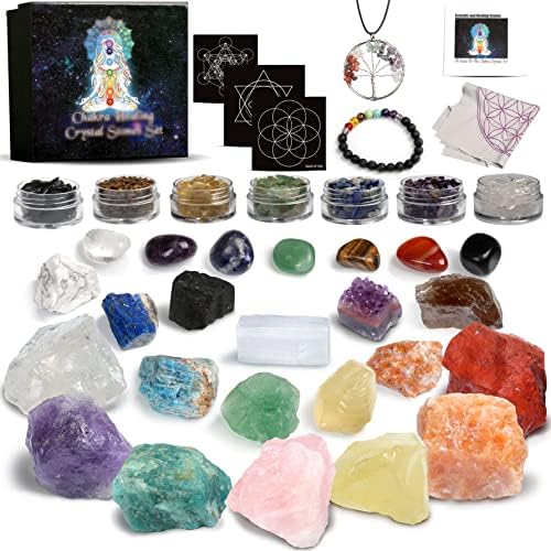 Cristais de chakra e kit de pedras de cura, 38 em 1 cristais reais para iniciantes, mulheres chakras equilibram pedras preciosas