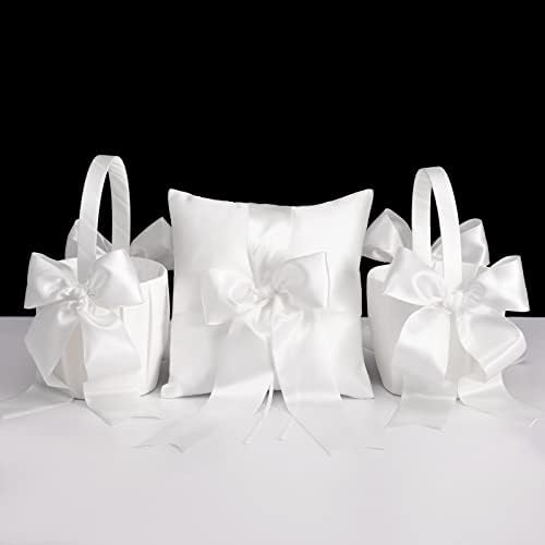 Betaulife Flower Girl Basket and Ring Porter Pillows Set for Wedding Wedding Ring Pillow Flower Girl Basket Set