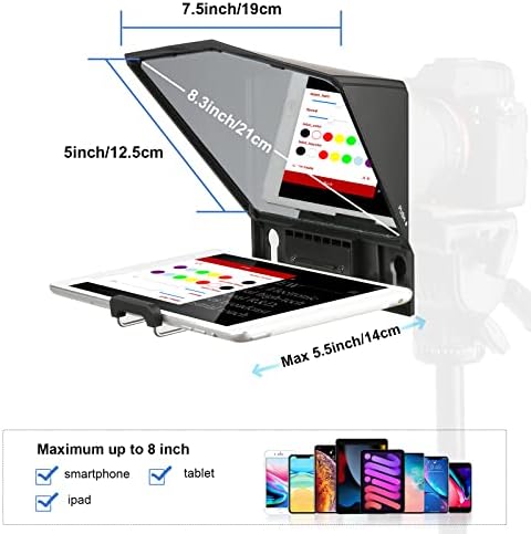 Desview T2 Teleprompter, vidro de exibição HD de 8 polegadas, teleprompter com controle remoto, compatível com câmeras iPhone/iPad/DSLR,