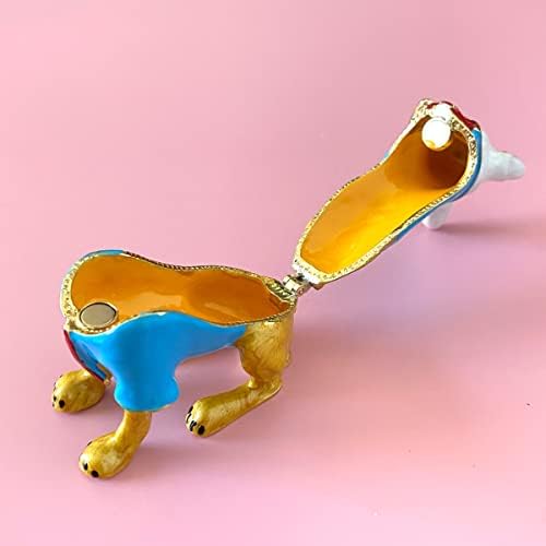 Caixa de bugigangas de cão de metal com dobradiças de cachorro pintado à mão Animal estatueta Brincho colecionável