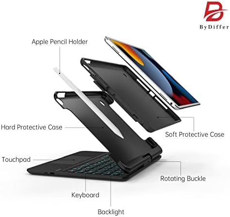 Bydiffer touch iPad 9th Generation 10.2 Case com teclado, iPad 8th Gen 2020, iPad 7 2019, AIR 3, PRO 10.5 com 7 luzes