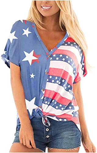 Womens American Flag Star Tops Tops Lace Crochet T-shirts 4 de julho Camisas gráficas do Dia da Independência