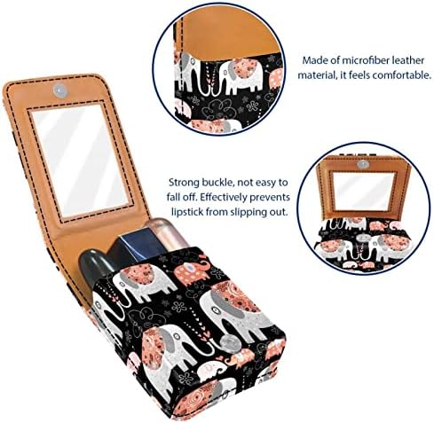 Caixa de batom com espelho para bolsa, suporte de maquiagem cosmética de couro floral de elefante Boho Elefante, armazenamento cosmético de viagem portátil, 9,5x2x7 cm/3.7x0.8x2.7 em