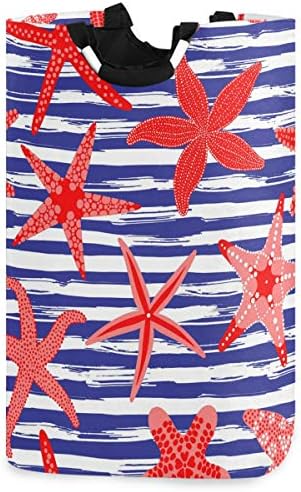 VISESUNNY Red Starfish Blue Stripe Grande cesto de roupa com alça com alça Durável Durável Roupa Lavanderia Bin Toy para