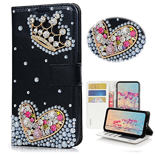 Estojo de lite stenes huawei p20 - elegante - 3D Bling Bling Crystal Crown Heart Design Wallet Slots de cartão de crédito Dobra capa de couro para Huawei P20 Lite - preto