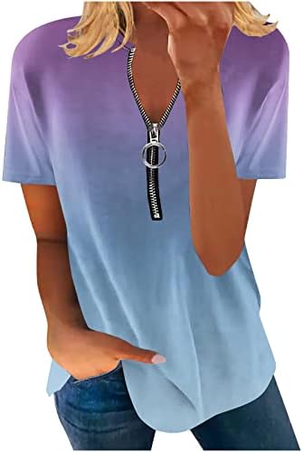 Camisetas de manga curta feminina Camisetas gradientes Túnicas de túnica colorida camisetas casuais solteiras zíper V blusas de camiseta pescoço