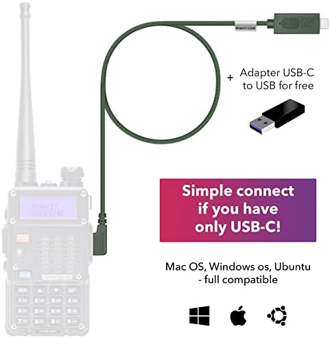 Mirkit Ftdi USB-C Baofeng Cable Green para piscar o Radio de presunto analógico: Baofeng, Wouxun, Kenwood, Archell, Retevis. Compatível com Windows, Mac, Ubuntu OS