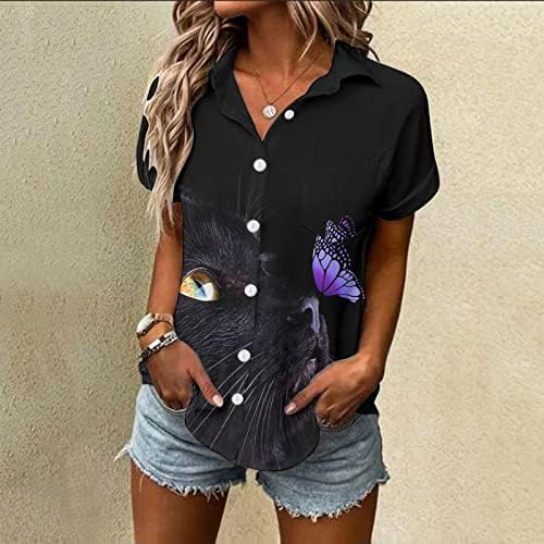 Camisa de botão com botão Voplct para mulheres 2023 Primavera verão Tops de manga curta Camisa de bolso de decote em