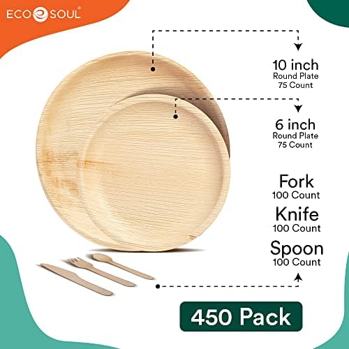Eco Soul Compostável Palm Leaf Dinnerware Conjunto | Eco amigável como bambu | Utensílios descartáveis ​​biodegradáveis ​​para casamento, ao ar livre, festas, churrasco | Seguro de microondas, resistente e de microondas | Placas de 10 ', 6' + talheres