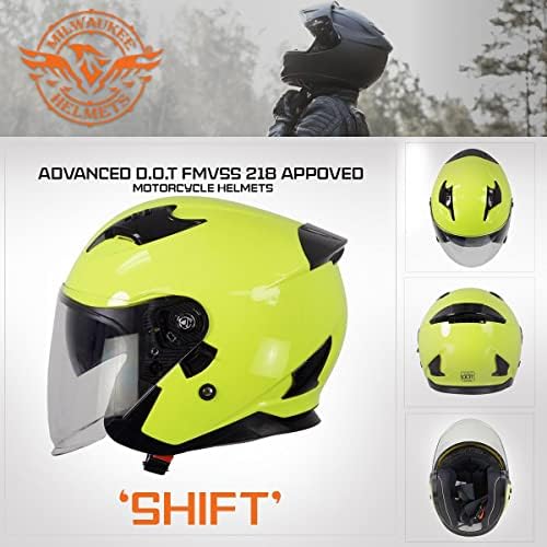 Capacetes de Milwaukee MPH9823DOT 'Shift' Face aberta 3/4 capacete amarelo de neon para homens e mulheres motociclistas