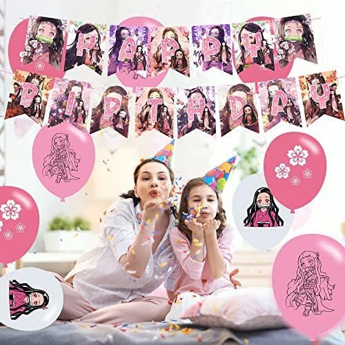 Decorações de festas de aniversário de Nezuko, material de festa temática de anime com banner de feliz aniversário, toppers de bolo, balões para crianças adultos decorações de festas