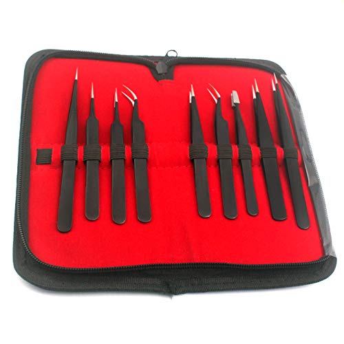 G.S 9 PCS Kit de ferramentas de tweezers ESD, precisão, aço inoxidável anti-estático anti-estático não magnético Multi-padrão Saco de