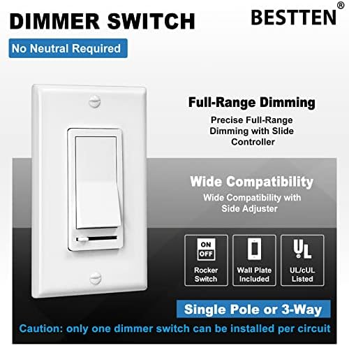 [10 pacote] Bestten Dimmer Light Switch, switches escuros de pano único ou de 3 vias, 120V, compatíveis com LED consumível,