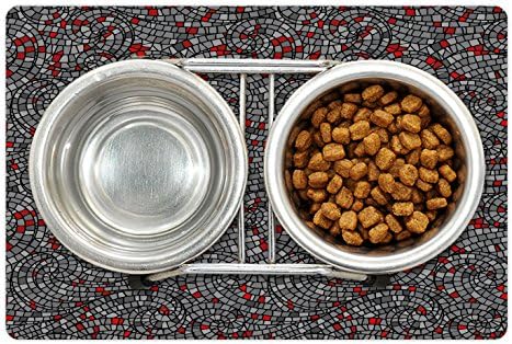 Tapa de estimação geométrica lunarável para alimentos e água, moderno estilo quadrado em forma de mosaico Swirls Rounds Círculos de arte, retângulo de borracha sem deslizamento para cães e gatos, carvão cinza preto e vermelho