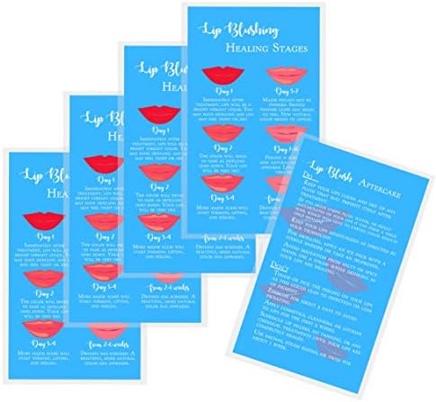 Lips Blush estágios dos cartões de instruções de cura e pós -tratamento | Pacote de 50 | Tamanho de dupla face 2 x 3,5 polegadas Cartão de visita | Azul com Red Lips Design