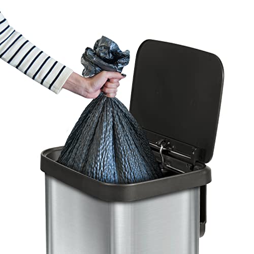 Lixo de aço inoxidável feliz lixo com proteção de odor de Clorox | Lixeira de lixo de cozinha de metal grande com tampa suave, pedal do pé e suporte de rolo de bolsa de resíduos, 20 galões, inoxidável