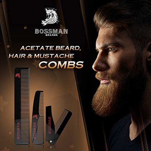 Bossman Acetato de barba, cabelo e bigode pentes para homens - barba masculina, bigode e pentes de cabelo com pequeno pente dobrável de bolso