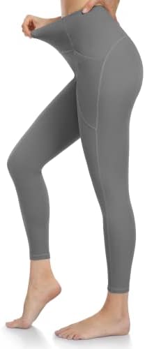 Wtning de altas pernas de cintura para mulheres, calças de ioga macias de 7/8 de comprimento com bolsos controle de barriga, cinza