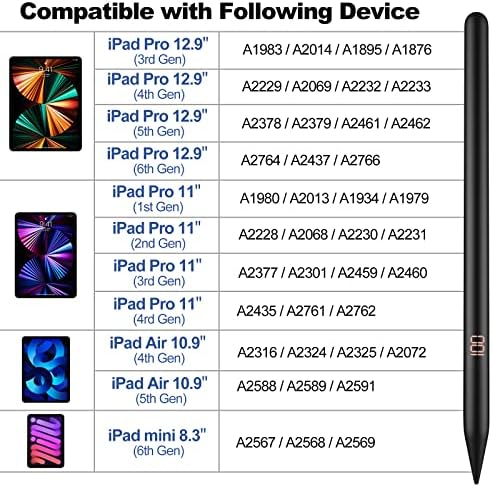 Caneta de caneta de 2ª geração da Zosylala para iPad com carregamento sem fio, rejeição de palmeira, exibição digital, compatível com Apple iPad Mini 6, iPad Air 4/5, iPad Pro 11 polegadas1/2/3/4, iPad Pro 12,9 polegadas 6-Black
