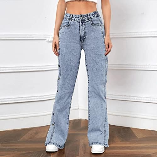 Calças de carga Miashui Jean para mulheres Baggy Women Button High Troushers Bolso Cantura Calça elástica Jeans