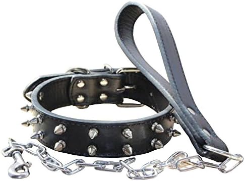 Haoyueer Spiked Craved Leather Collar Chain Chain Leash Combo Conjunto para Pitbull Médio Grande. Cane Corso. Rottweiler. Valentão.