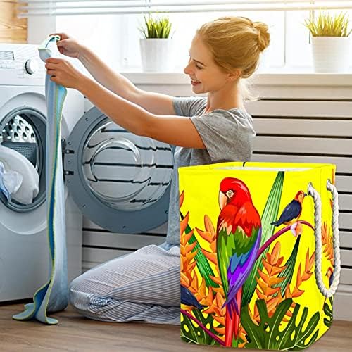 Pássaro de papagaio tropical com Plam grande cesto de roupa com fáceis de transporte, cesto de lavanderia dobrável à
