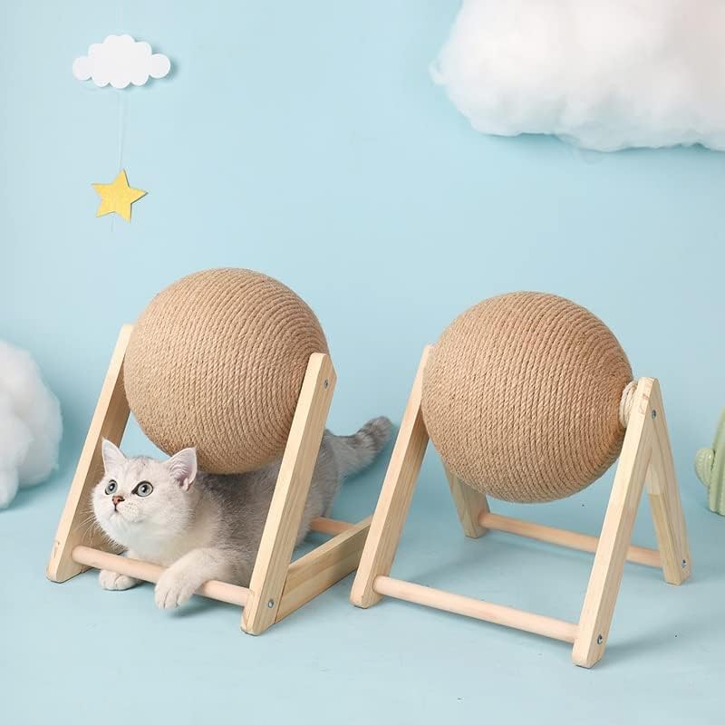 Dhdm gato arranhando a bola de madeira mobiliário de estimação sisal corda bola de brinquedo de brinquedo de brinquedos de gatinho