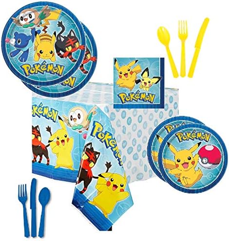 Produtos PMF - Pokémon Party Supplies Tableware para 16 convidados -16 Placas de jantar, 16 pratos de sobremesas, 16 guardanapos de jantar, 1 recuperação de mesa, 8 Cada bola de facas azuis e amarelas