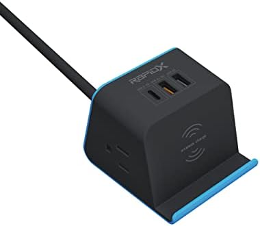 RAPIDX MyDesktop Pro 60W 3 Portas USB e 2 lojas elétricas Power Power com suporte de carregamento sem fio para iPhone, Android, tablets e laptops, azul