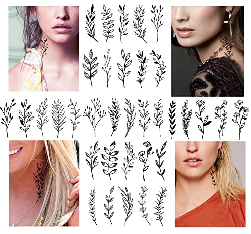 Kotbs 18 lençóis tatuagens temporárias realistas, minúsculo ramo de ramo preto Tatuagens temporárias para mulheres meninas