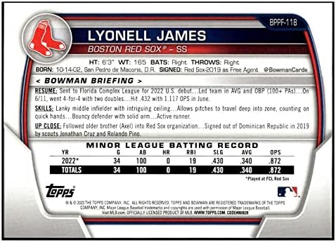 Lyonell James RC 2023 Bowman 1st Edition BPPF-118 ROOKIE NM+ -MT+ MLB BASEBOL RED SOX