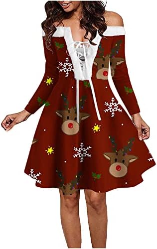 Mrgiinri Vestidos de Natal feios para mulheres Casual 2022 Manga longa de retalhos de retalhos fora do ombro Vestido