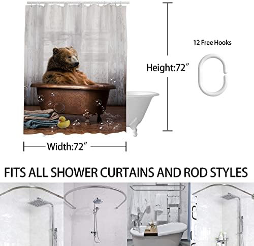 Cortina de chuveiro de urso aquar para banheiro, cortinas de banho de estampa de urso de animal fofo com 12 ganchos,