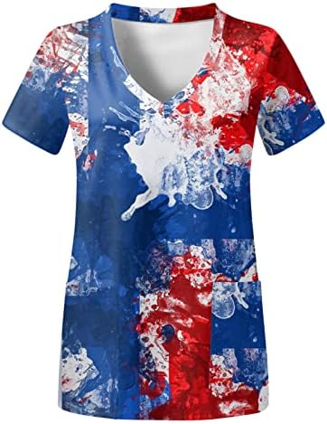 Camisas de bandeira dos EUA para mulheres 4 de julho de verão Manga curta V camisetas com 2 bolsas Blouse Top Holiday Casual