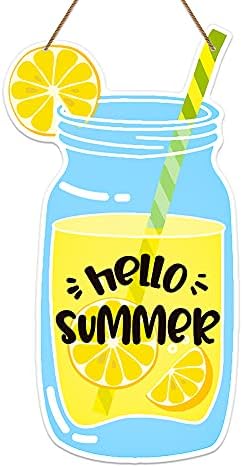 Petcee Hello Summer Door Sign, 6 x12 Lemon Decor Decor Placa de verão engraçada para pendurar para a parede da parede