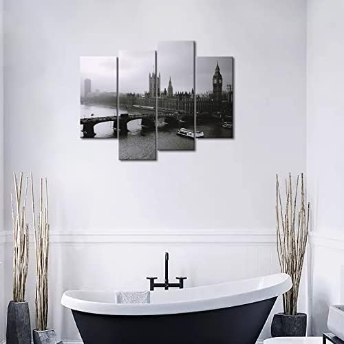 Barcos de ponte longa em preto e branco sobre a água de prédios altos artes de parede pintando a imagem impressa