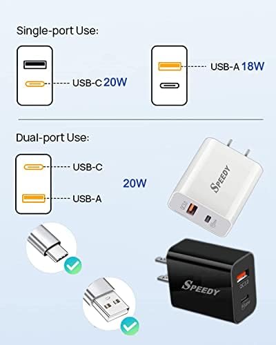 Carregador de parede do tipo C Tipo C para iPhone 14, 20W PD + QC 3.0 Adaptador de energia da porta dupla USBC Bloco
