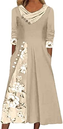 Vestidos longos casuais de verão feminino botão floral up colagem de manga média de manga solta vestido maxi fluido com bolso