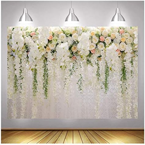 Yongqian, YQ White Rose Floral Floral Penários de pano de noiva Flores de casamento Decoração de parede foto fundo 5x3ft