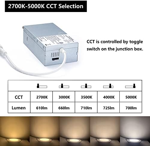 Iluminação embutida de downlight de led de led de led de led de 4 polegadas 5 cct CCT Ajuste as luzes embutidas de luzes com caixa de junção, luz Ceilling com caixa de junção, 2700-5000K, 9W, acabamento em preto, 6 pacote