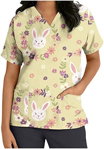 Camisas do dia da Páscoa para mulheres Scrubs_tops Rabit fofo Impresso de manga curta V camiseta de pescoço com bolsos