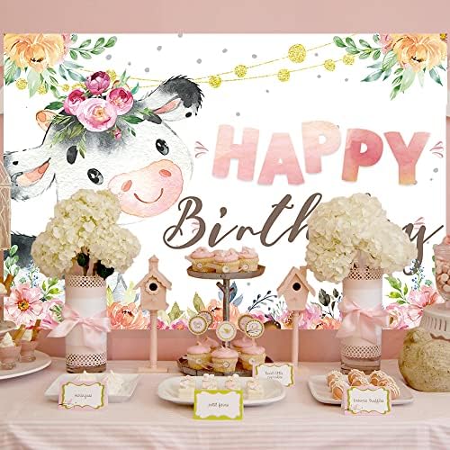 Crefelimas Vaca Sagrada Feliz Aniversário Caso Rosa Flor Baby Girls 1º 2º Aniversário Party Background Girl Bolo de menina ocidental