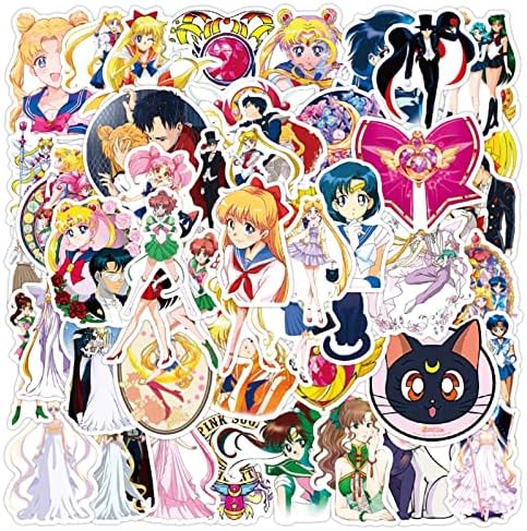 Pacote de adesivos para vela lua para meninas adolescentes, 50 PCs Cartoon Anime Anime Setes Impermeável adesivos de vinil para laptop, telefone, garrafas de água, bagagem, guitarra, festa de aniversário