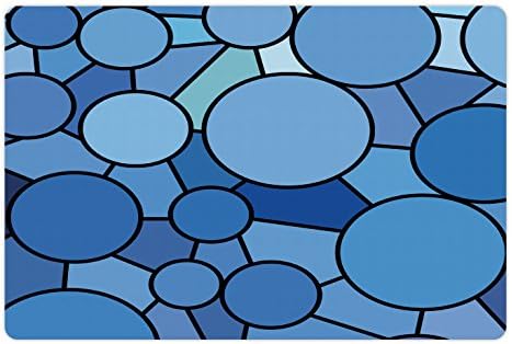Tapete de estimação azul lunarable para alimentos e água, padrão de mosaico de vitral com círculos e linhas Ilustração geométrica de
