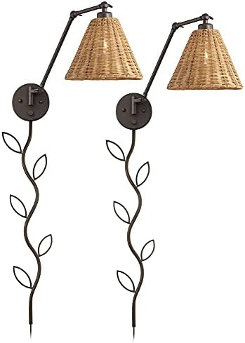 Barnes e Ivy Rowlett Farmhouse Rustic Swing Brand Lamps Destact de 2 com tampas de cordão Plug-in de bronze 9 Six de vime de vime de vime para a sala de estar da sala de estar do quarto Leitura do corredor