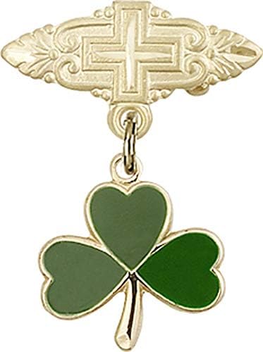 Jóias Obsession Baby Badge com charme shamrock e pino de crachá com cruz | Crachá de bebê de ouro 14k com charme shamrock