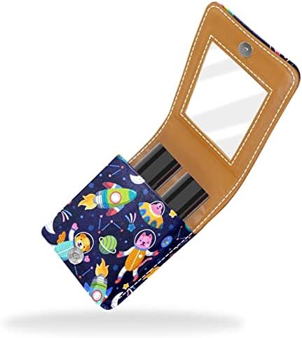 Caixa de batom pequeno colorido de galáxia com espelho para bolsa, suporte de maquiagem cosmética de couro durável, kit de armazenamento