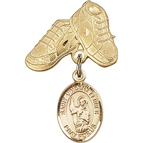 Distintivo de bebê cheio de ouro com St. Vincent Ferrer Charm e Baby Boots Pin 1 x 5/8 polegadas